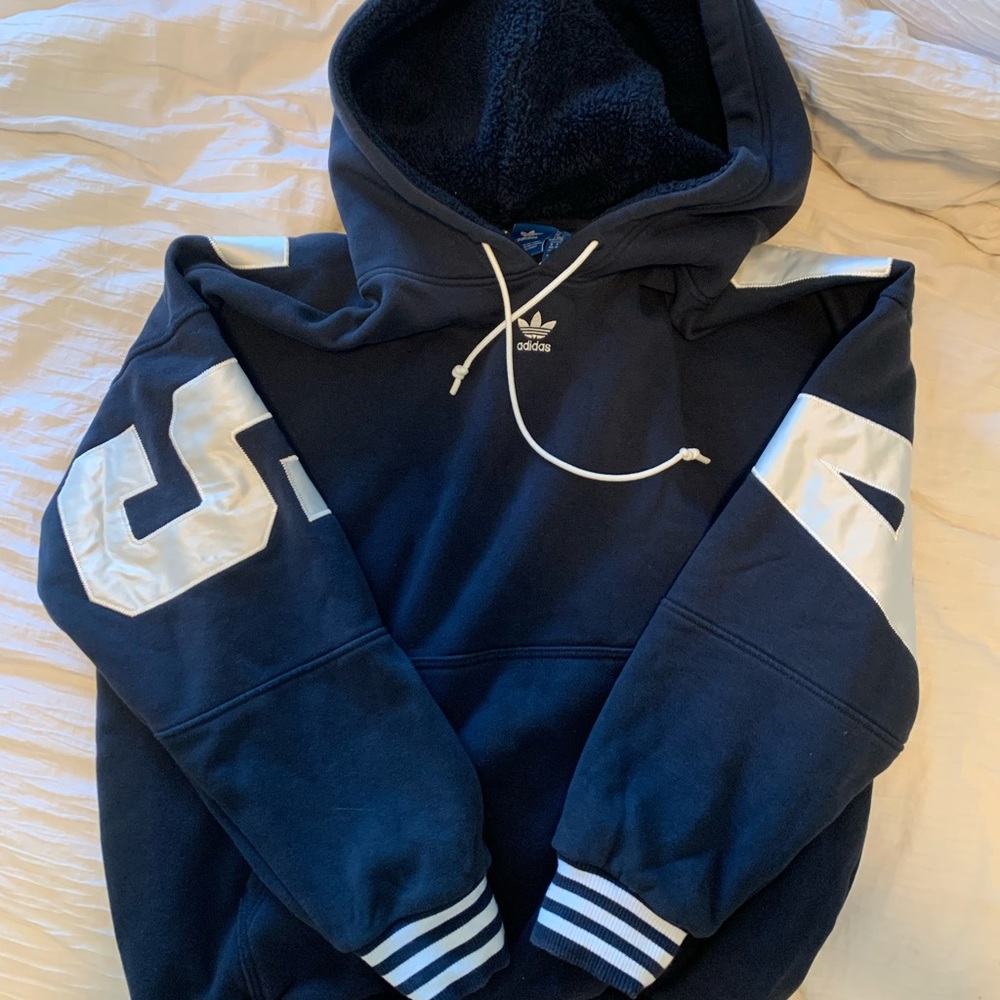 Adidas sweatshirt with fuzzy hood navy